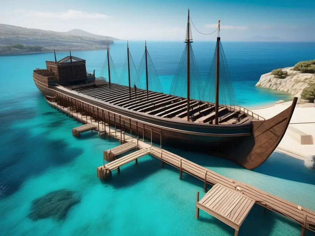 Construcción barcos Antigua Grecia en un paisaje costero sereno con aguas turquesa y un astillero griego antiguo