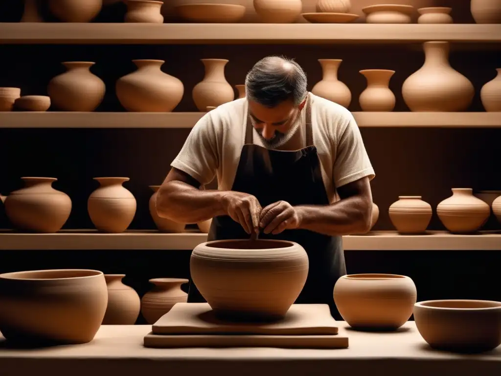 Tecnología cerámica en Grecia Antigua: artesano moldeando cerámica en rueda de alfarero