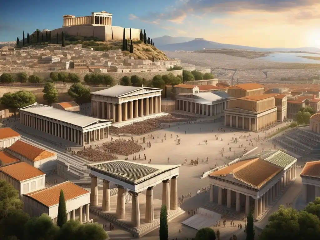 Vista detallada de Atenas en la antigua Grecia: Agora, Acropolis, Parthenon, ciudadanía, leyes de Solón (110 caracteres)