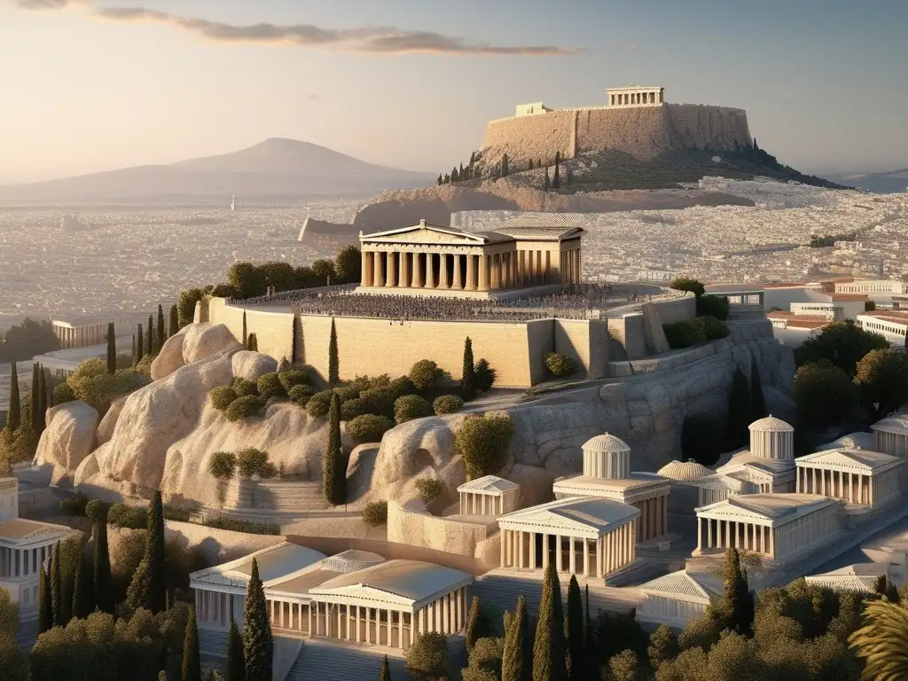 Influencia Atenas Pericles: ciudad Acropolis, Parthenon, paisaje verde, democracia, estética minimalista, belleza intemporal