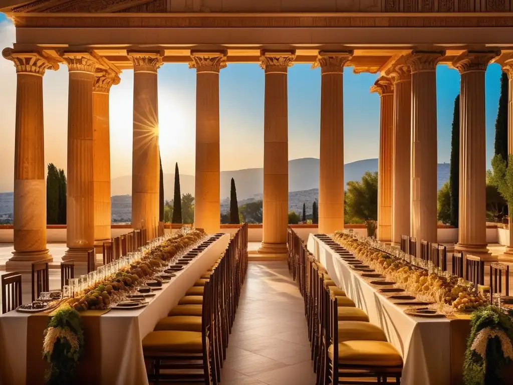 Banquete en la Antigua Grecia: Alimentos rituales y festivales con opulenta mesa, pilares de mármol tallados y telas mitológicas