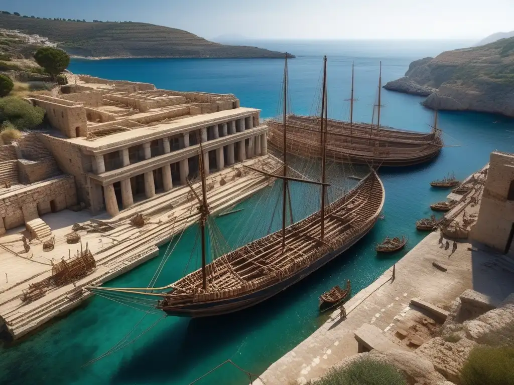 Construcción barcos Antigua Grecia: Imagen detallada de un astillero griego antiguo con artesanos construyendo una majestuosa trireme