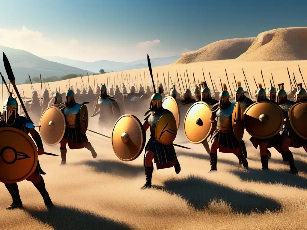 Imagen de batalla griega con hoplitas, líder y paisaje, Mitología y guerra en Grecia
