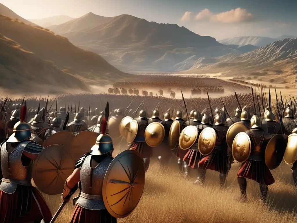 Batalla épica de soldados griegos Influencia estrategia militar guerra moderna: Batalla épica con soldados griegos en una impresionante escena de montañas al atardecer