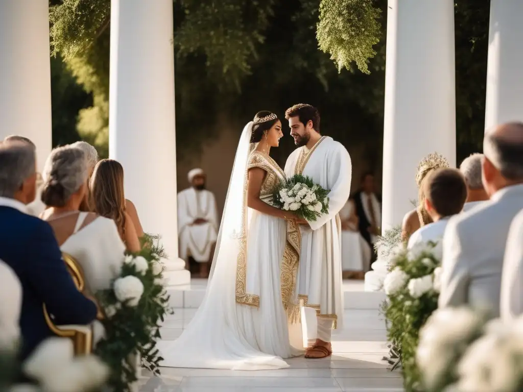 Boda griega tradicional Boda griega: pareja en trajes tradicionales, sacerdote, familiares y comunidad, simbolizando una alianza política y económica
