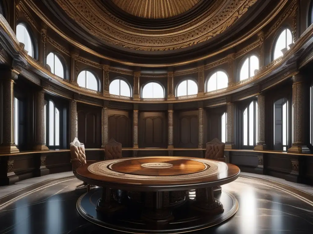 Papel del Consejo de Ancianos en Grecia: Imagen 8k ultradetallada de una cámara de mármol con mesa circular de madera oscura y sillas ornamentadas