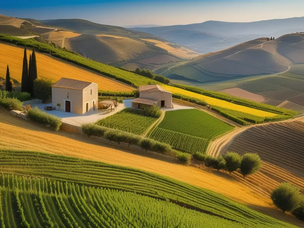 Cadena alimentaria en la Antigua Grecia: Imagen detallada de paisaje agrícola griego con granjas, cultivos y ganado