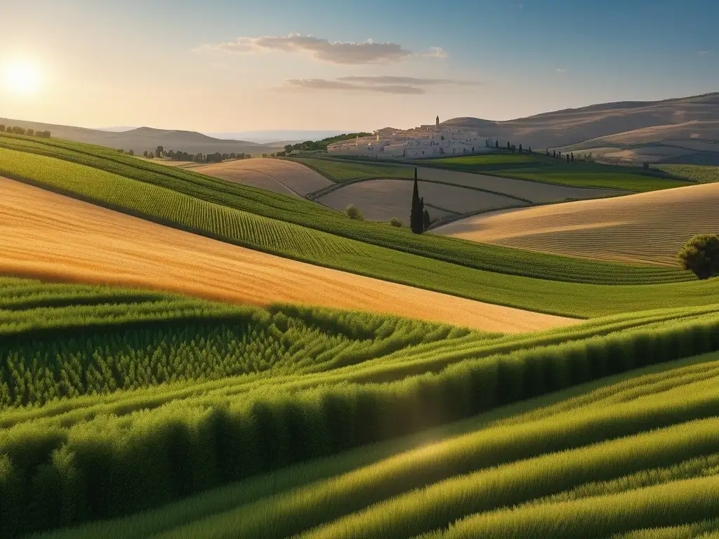 Influencia agrícola en la sociedad griega: paisaje rural con campos verdes, cultivos y casa tradicional