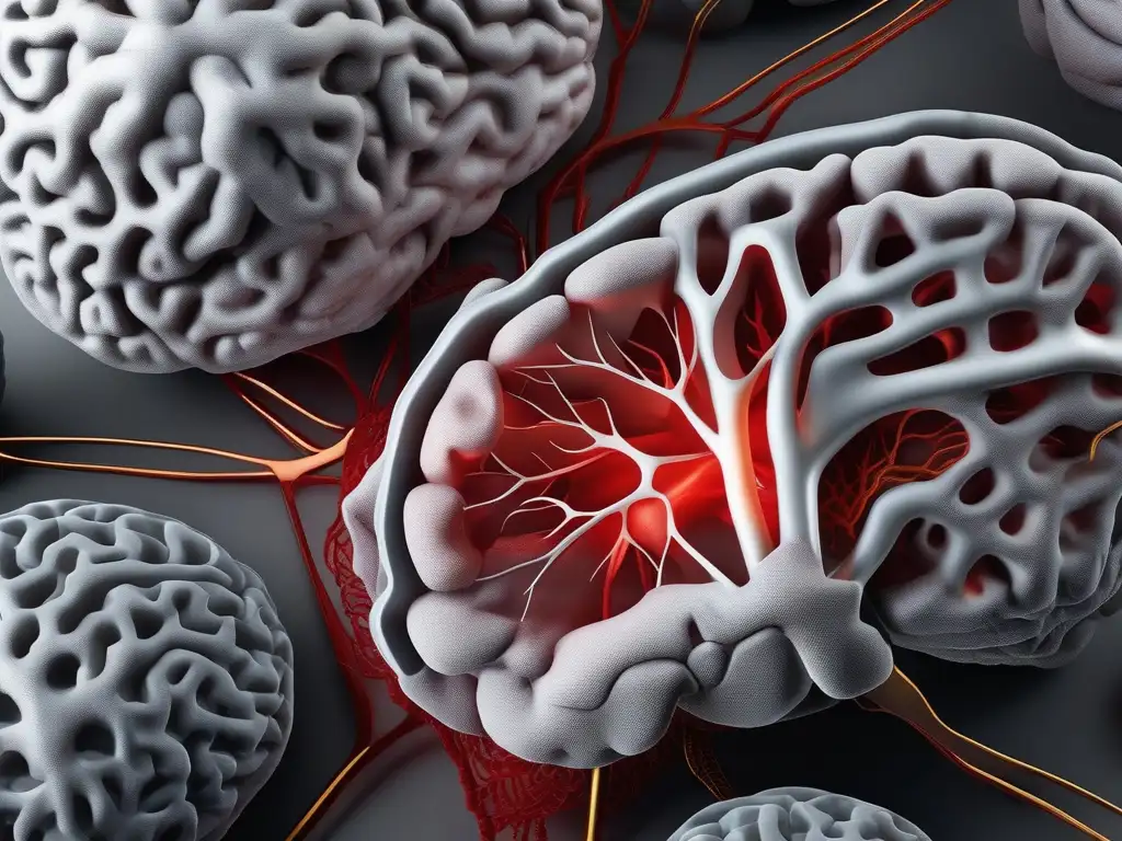 Descubrimientos de Herófilo sobre el cerebro: imagen detallada 8K ultrarrealista del cerebro humano, destacando su estructura compleja y regiones