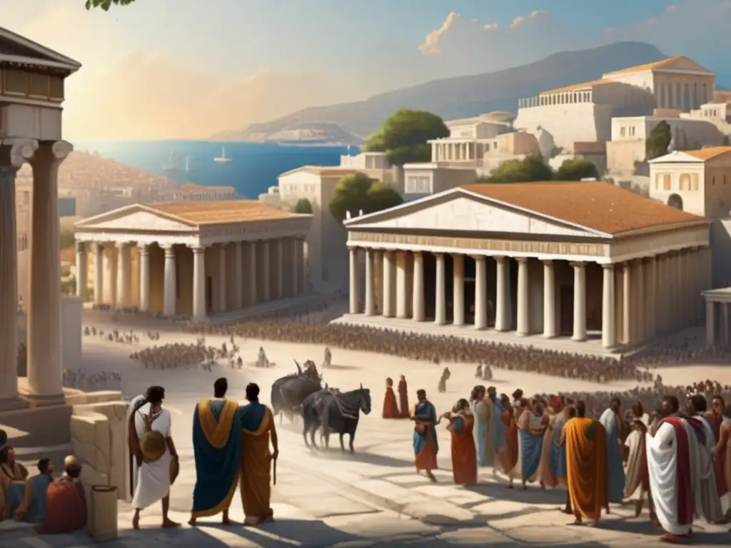 Contrastes sociales en polis griegas: ciudad antigua con ciudadanos y esclavos, edificios de mármol, calles adoquinadas