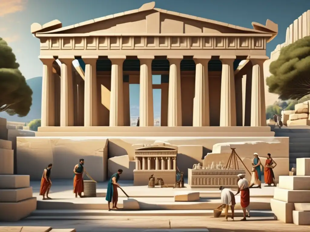 Uso de palancas en construcción griega, imagen detallada del proceso de construcción de un templo griego con artesanos trabajando