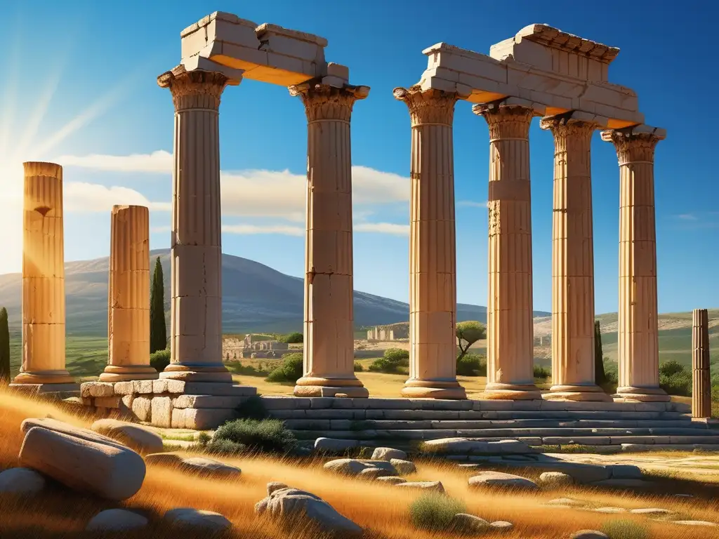 Fotorealista imagen de la antigua ciudad de Corinto, con el imponente Templo de Apolo y detalles auténticos