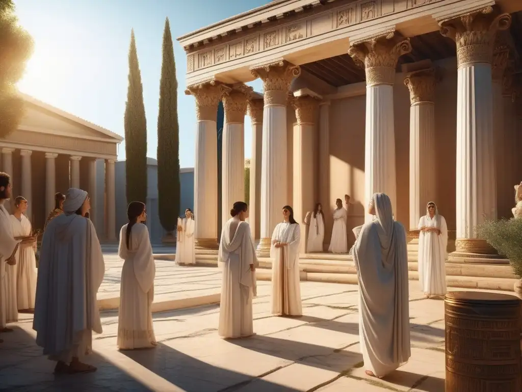 Importancia educación Antigua Grecia: Mujeres y hombres discuten en un hermoso patio griego, rodeados de columnas y un templo dedicado a Athena