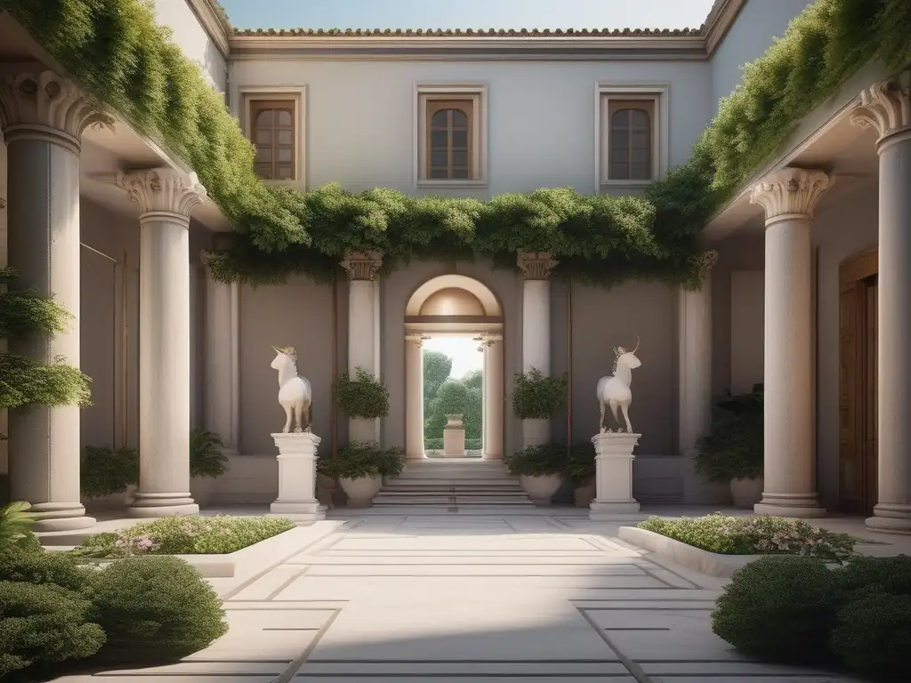 Sereno patio griego con columnas y fuente Vida conyugal en la Antigua Grecia: Un tranquilo y pintoresco patio griego con columnas de mármol, estatuas y una fuente de agua
