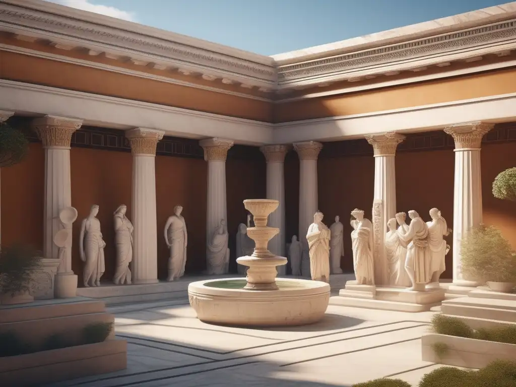 Influencia educativa en Grecia: serena imagen de un patio griego con estatuas de dioses, estudiantes aprendiendo de su sabio maestro