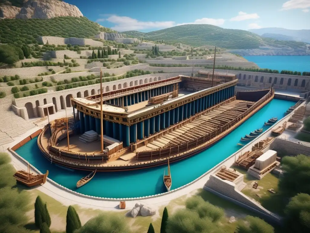 Herramientas de construcción en la antigua Grecia: artesanos construyen majestuosa trireme en astillero con paisaje mediterráneo