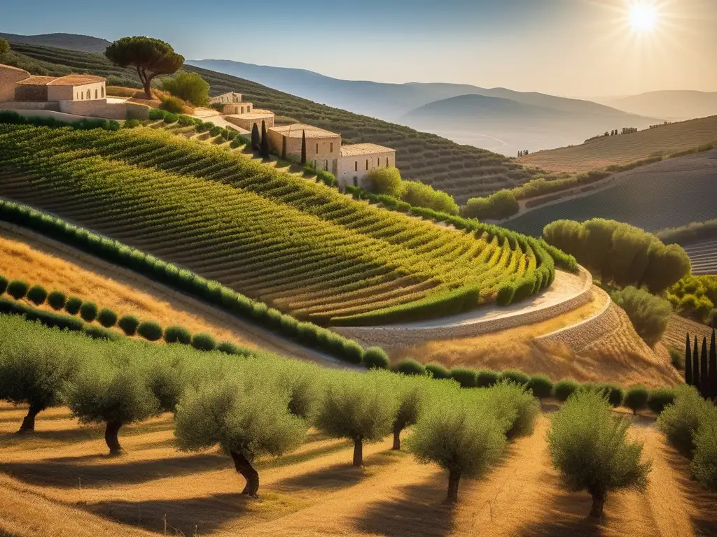 Tecnología agrícola en la Antigua Grecia: paisaje griego soleado con olivos, terrazas y costa mediterránea