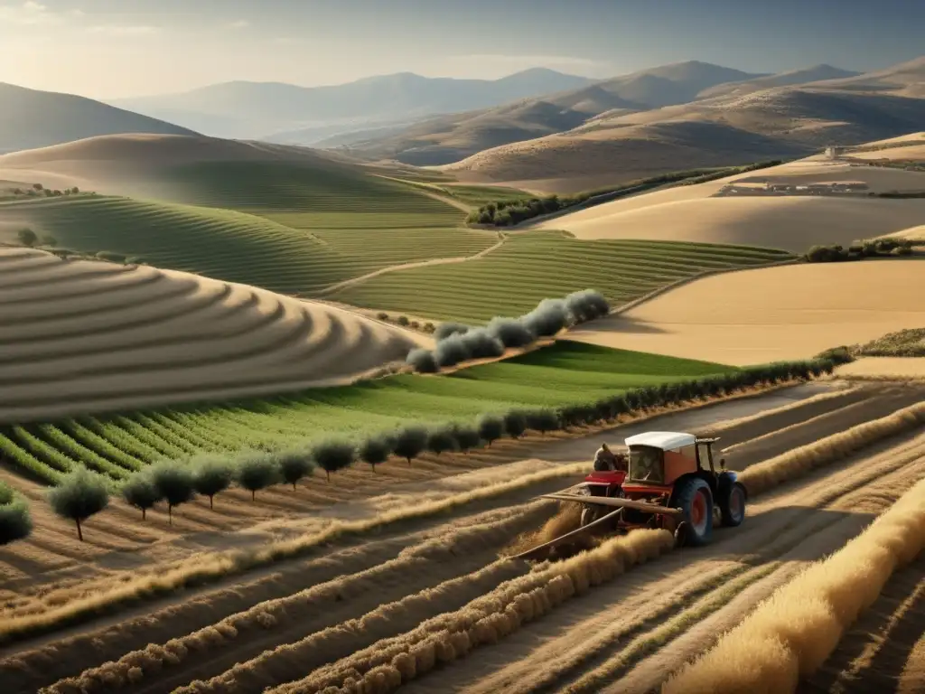 Revolución agrícola griega: el arado de hierro en la vasta y fértil tierra de Grecia, con agricultores trabajando diligentemente en los campos