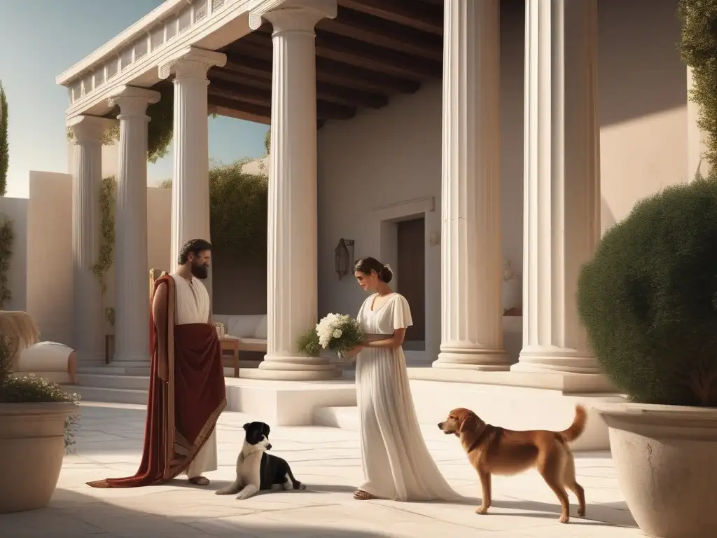 Convivencia animales domésticos en Grecia: escena fotorealista de una típica casa griega antigua rodeada de columnas de mármol blanco y vegetación