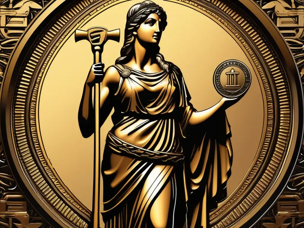 Influencia mitología acuñación griega, diosa griega con martillo y moneda, detallada y poderosa