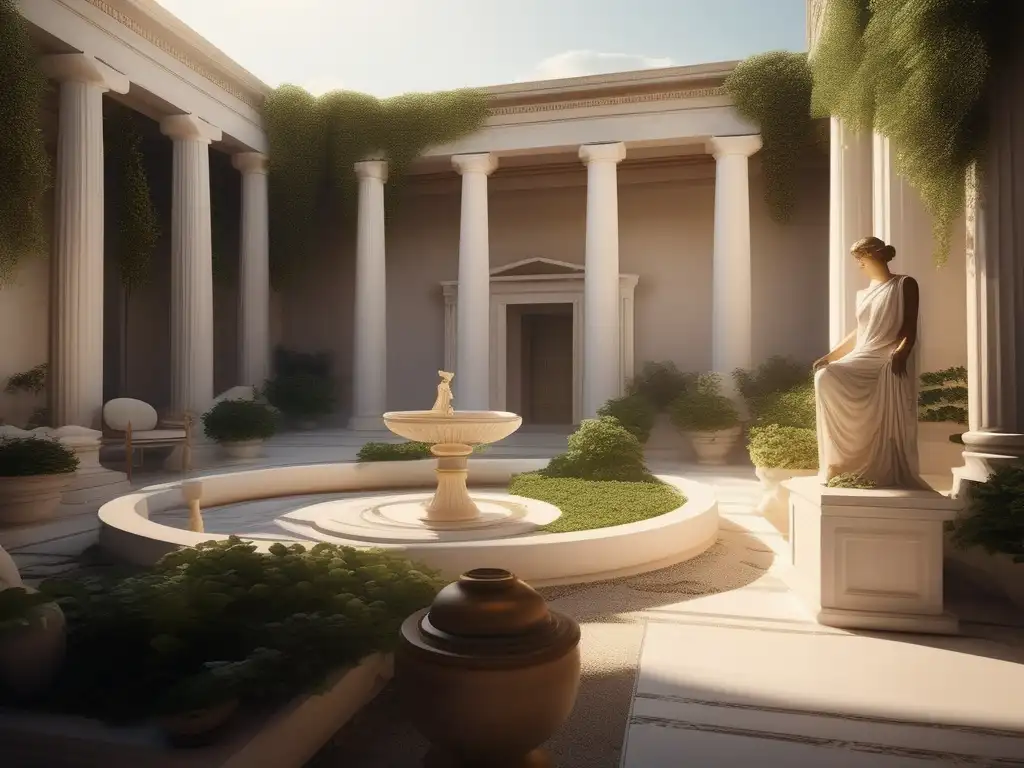 Sereno patio griego con estatua de diosa adornada (50 caracteres) Arte ornamental antigua Grecia: Imagen serena de un patio griego con una estatua de diosa de oro y joyas, rodeada de columnas y vegetación