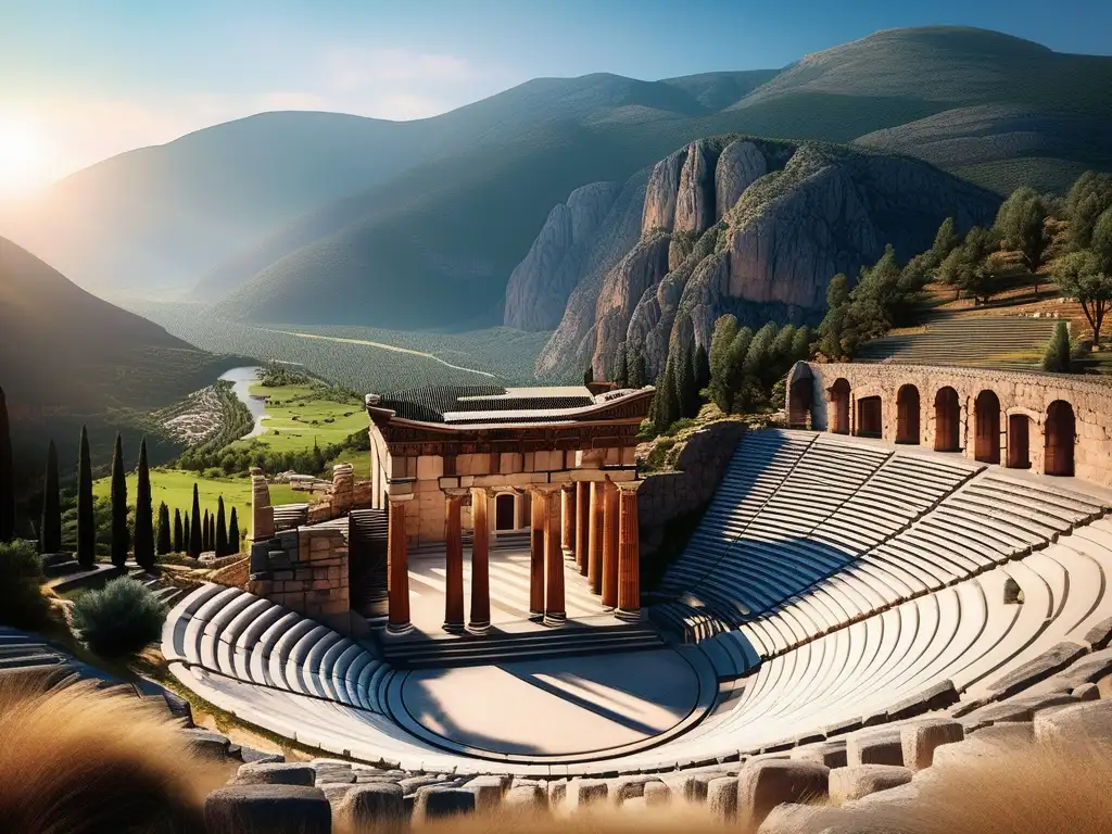 Fotografía impresionante de la antigua ciudad griega de Delphi, resaltando festivales religiosos y la cultura griega