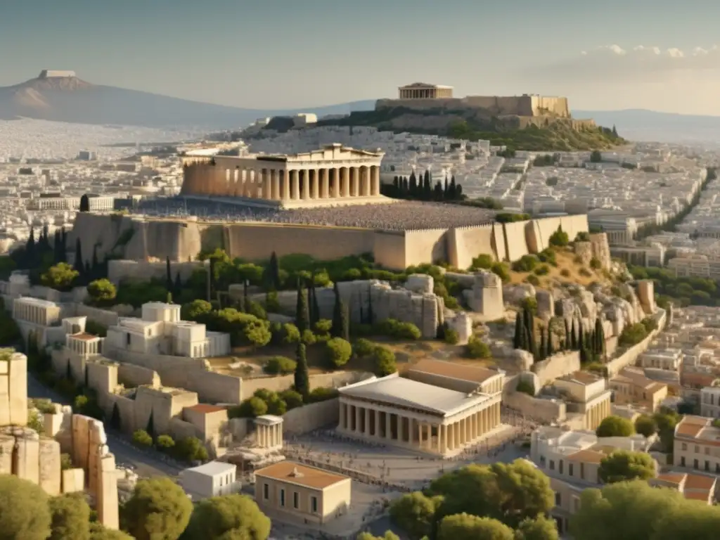 Panorama de la antigua Atenas con la majestuosa Acrópolis y el icónico Partenón: Política internacional en la antigua Grecia