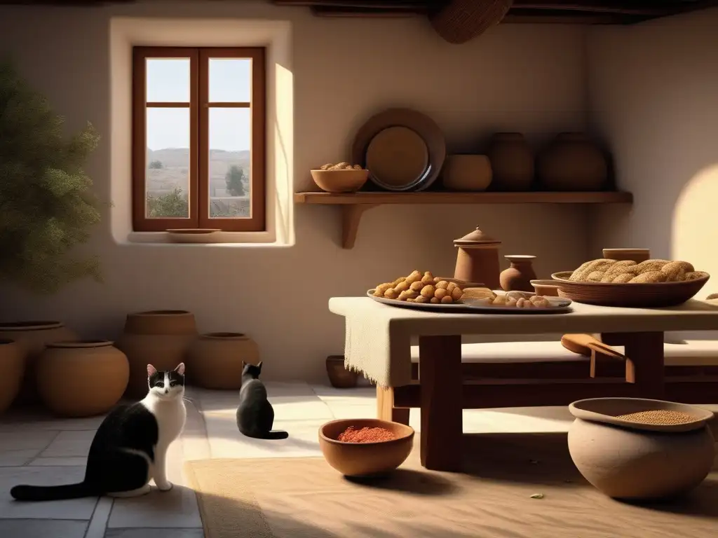 Convivencia animales domésticos Grecia: Escena detallada de hogar griego con gato y perro junto a mesa de ofrendas y comida