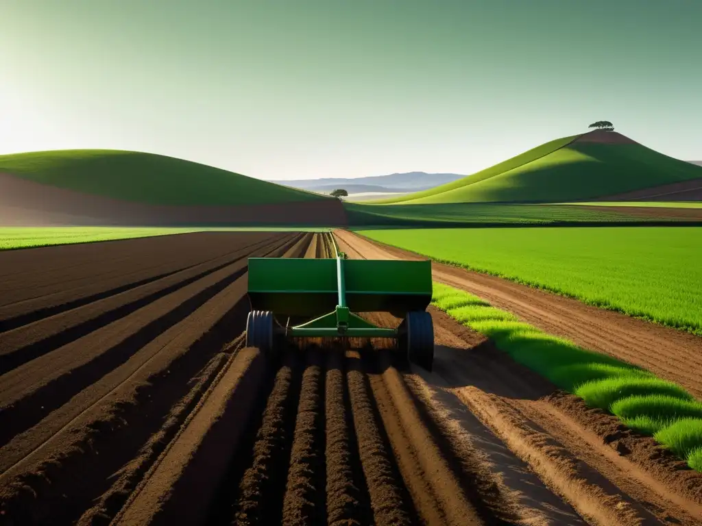 Arado de hierro: revolución agrícola griega, campo verde y plow minimalista