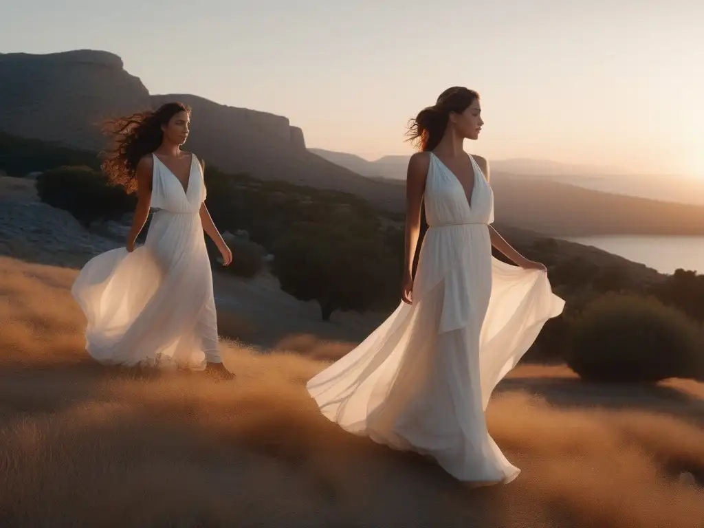 Legado musical compositores griegos en paisaje encantador al atardecer con ninfas danzando y ruinas antiguas