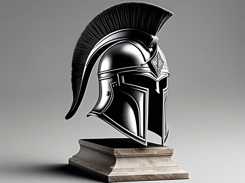 Herramientas de guerra en Esparta: Detalle de casco espartano en pedestal de piedra, bronce pulido y diseño intrincado