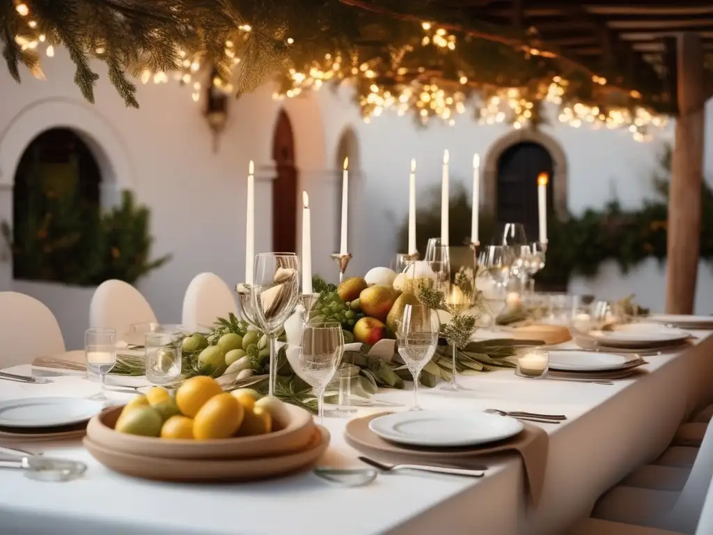 Gastronomía festiva en la Antigua Grecia: Banquete griego con platos tradicionales, vino y ambiente acogedor