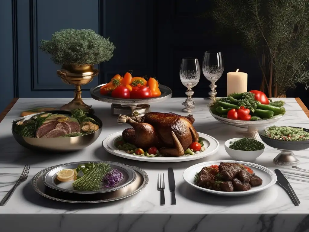 Vida cotidiana en la Antigua Grecia: Escena de comedor con comida griega y ambiente cálido