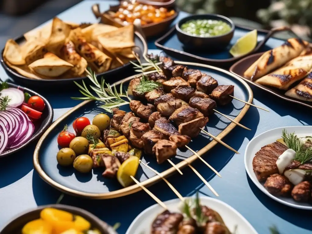 Mesa de festival gastronómico en Antigua Grecia con souvlaki, spanakopita y más