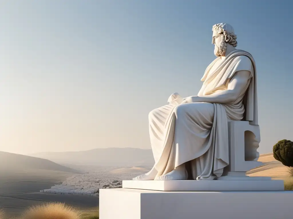 Paisaje sereno con estatua filósofo griego, transmitiendo tranquilidad y filosofía del arte Grecia