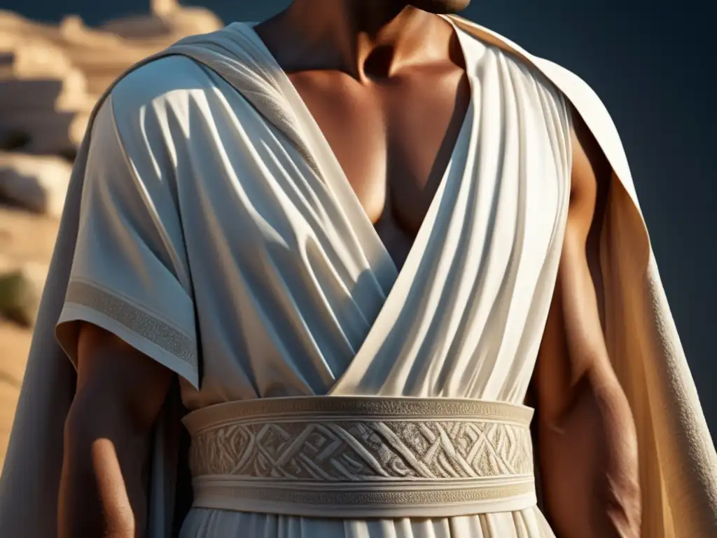 Significado prendas exteriores Antigua Grecia: Himation blanco, detalle y elegancia, pliegues meticulosos, simbolismo cultural
