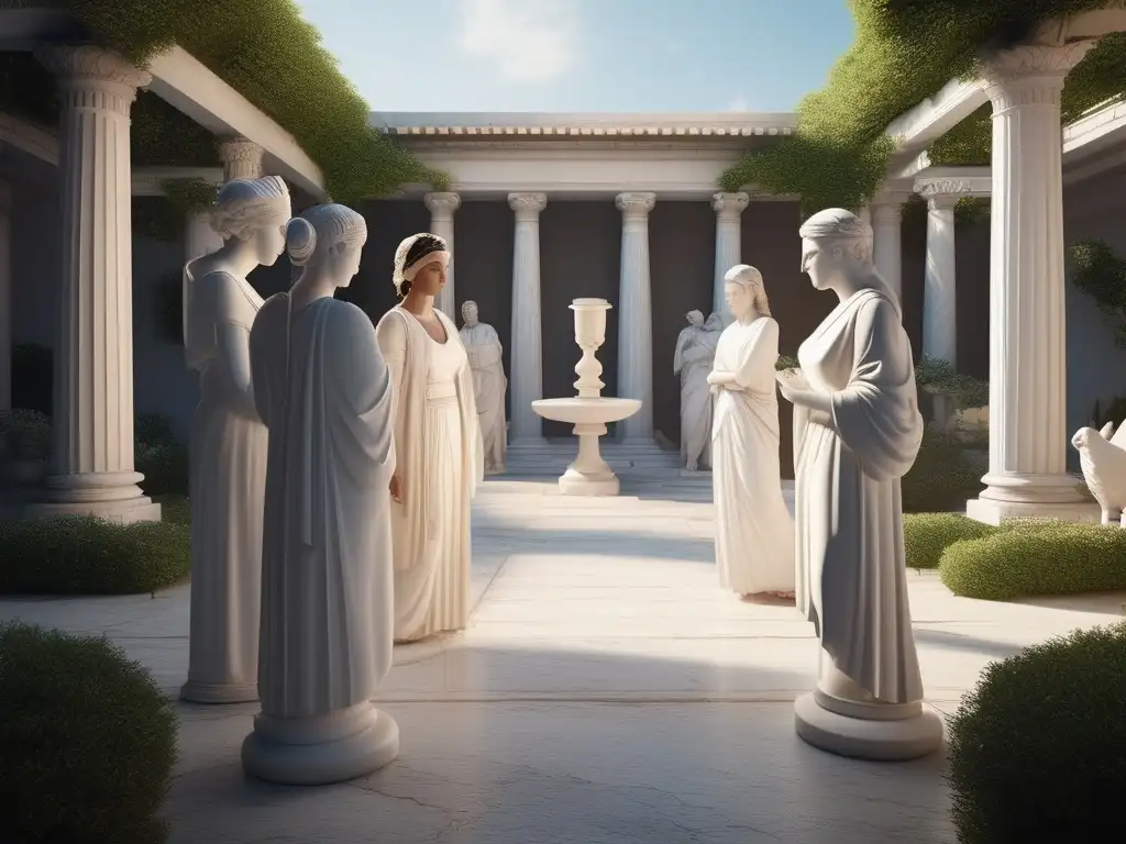 Hermoso patio griego con columnas y estatuas Participación política de las mujeres en la Antigua Grecia: imagen de un tranquilo patio griego con columnas de mármol blanco, estatuas, vegetación exuberante y mujeres vestidas de blanco en animada conversación