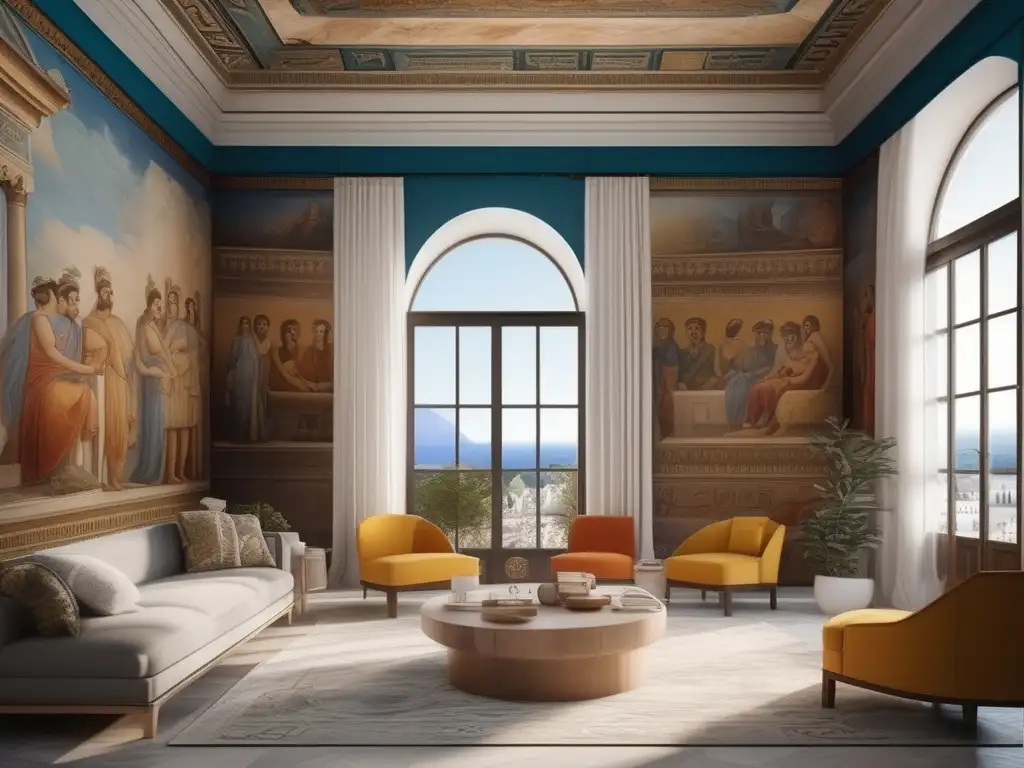 Exquisita decoración mitológica en hogar griego Decoración en hogares antiguos griegos: Zeus, dioses y criaturas mitológicas en una casa con frescos y murales vibrantes