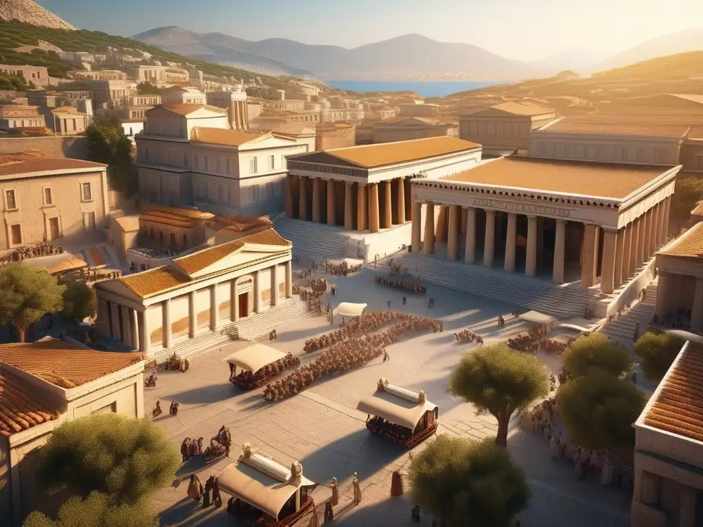 Vida cotidiana en la Antigua Grecia: bulliciosas calles, majestuosos edificios y estatuas, ciudadanos en actividades diarias, comerciantes y aroma a pan recién horneado