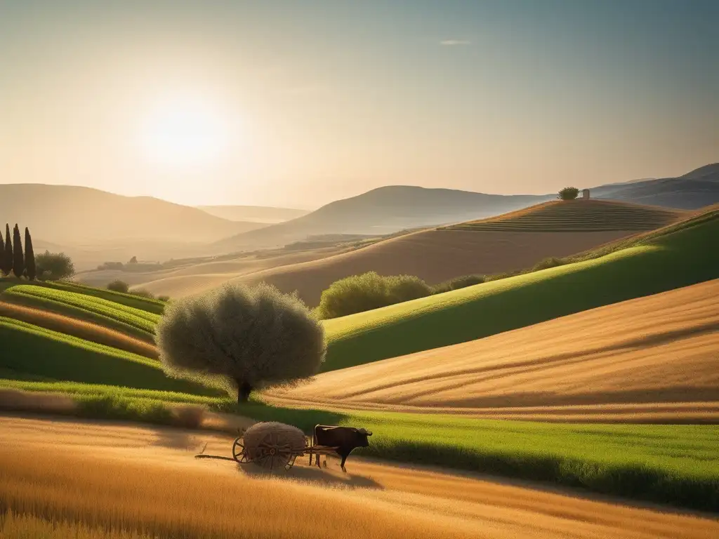 Importancia de la agricultura en la Antigua Grecia: paisaje griego de cultivos y granjero trabajando