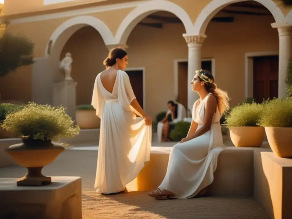 Courtyard griego con estatuas y mujeres conversando Vida conyugal en la Antigua Grecia: Perspectivas y costumbres