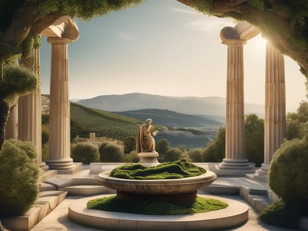 Impacto guerra Peloponeso: paisaje sereno, estatua filósofo en ruinas, batalla caótica