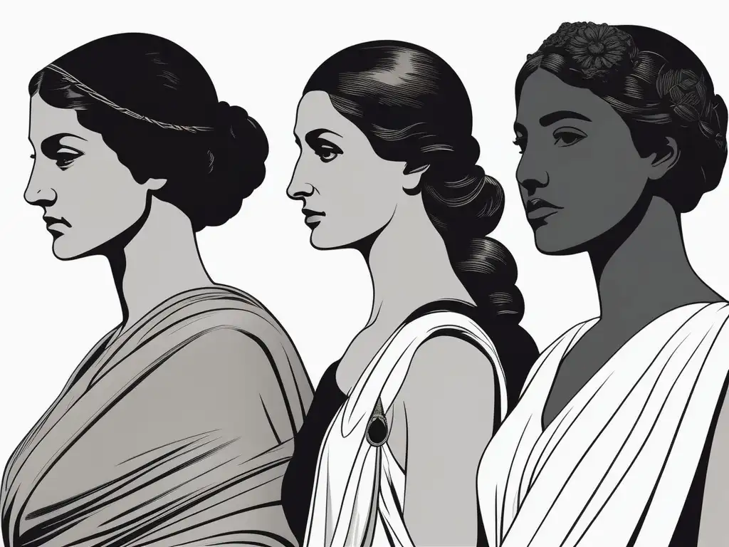 Tres mujeres griegas simbolizan características distintivas Mujeres griegas: Penélope, Medea y Antígona, representando su influencia en mitos de Grecia