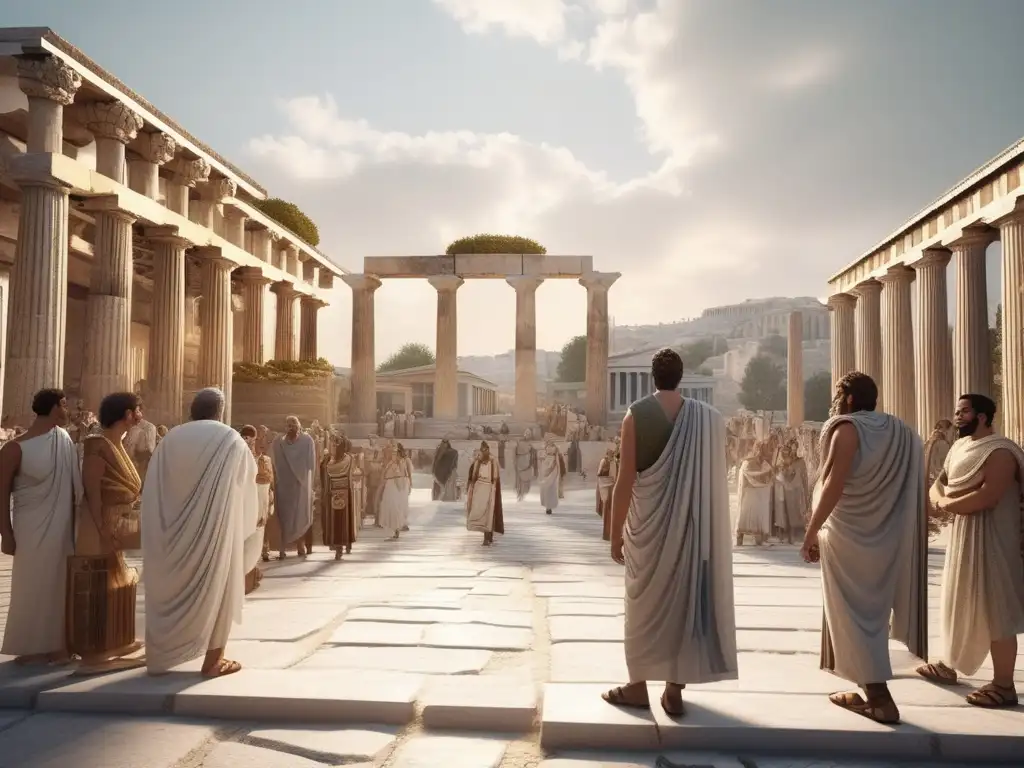 Vestimenta democrática en Grecia antigua, ciudadanos griegos en la agora de una polis con prendas vibrantes y arquitectura majestuosa