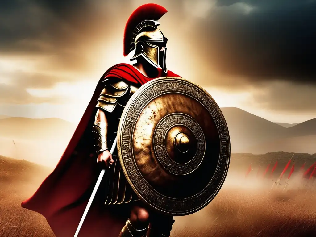 Tecnología bélica antigua Grecia: Guerrero hoplita en campo de batalla con armadura y escudo, en paisaje histórico