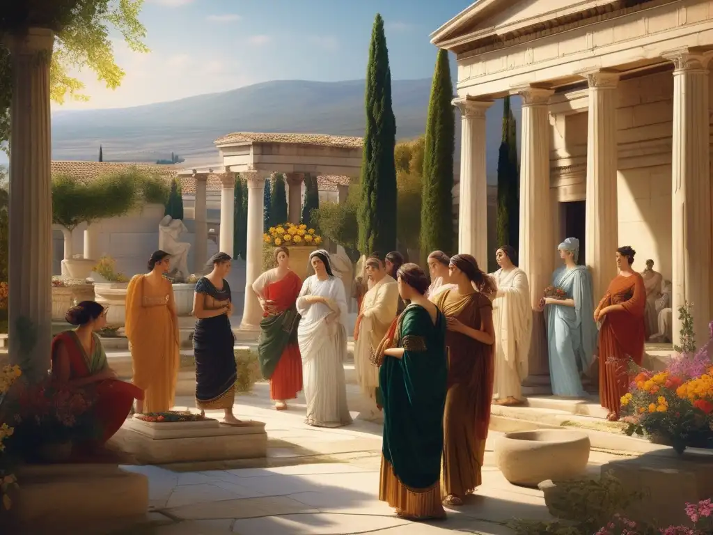 Mujeres de Corinto en la sociedad antigua: escena impresionante de artistas y filósofos reunidos en un majestuoso patio adornado con estatuas de mármol y flores vibrantes
