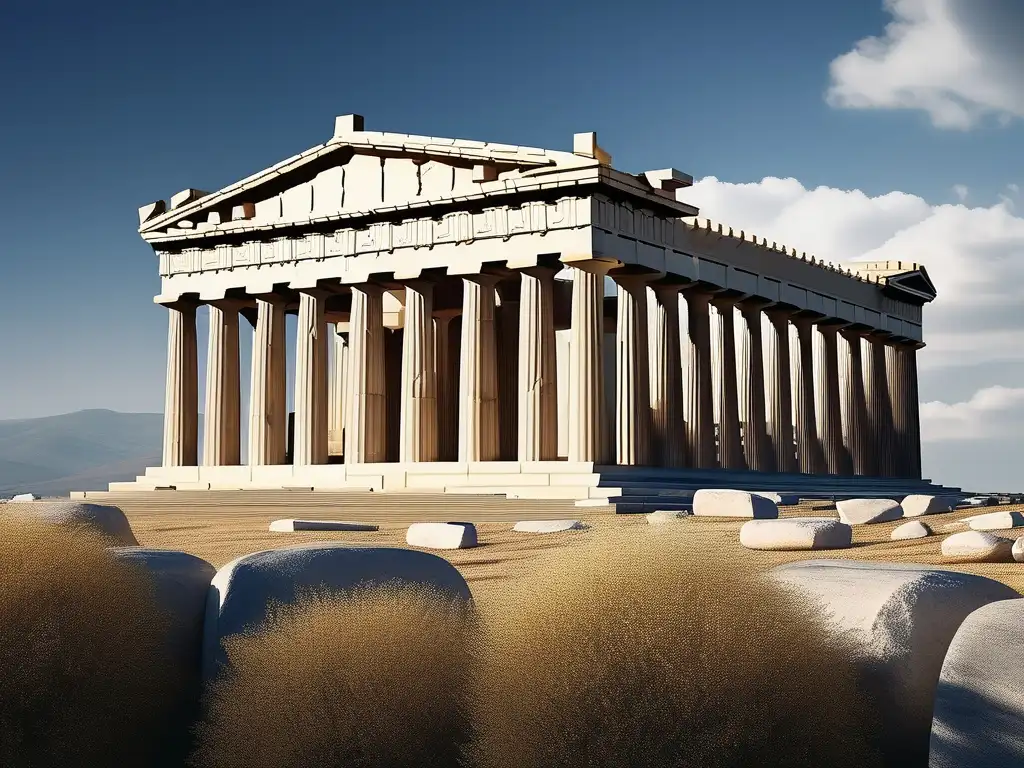 Templo griego: Parthenon majestuoso, columnas iónicas fotorealistas, belleza atemporal, detalles y relieves impresionantes