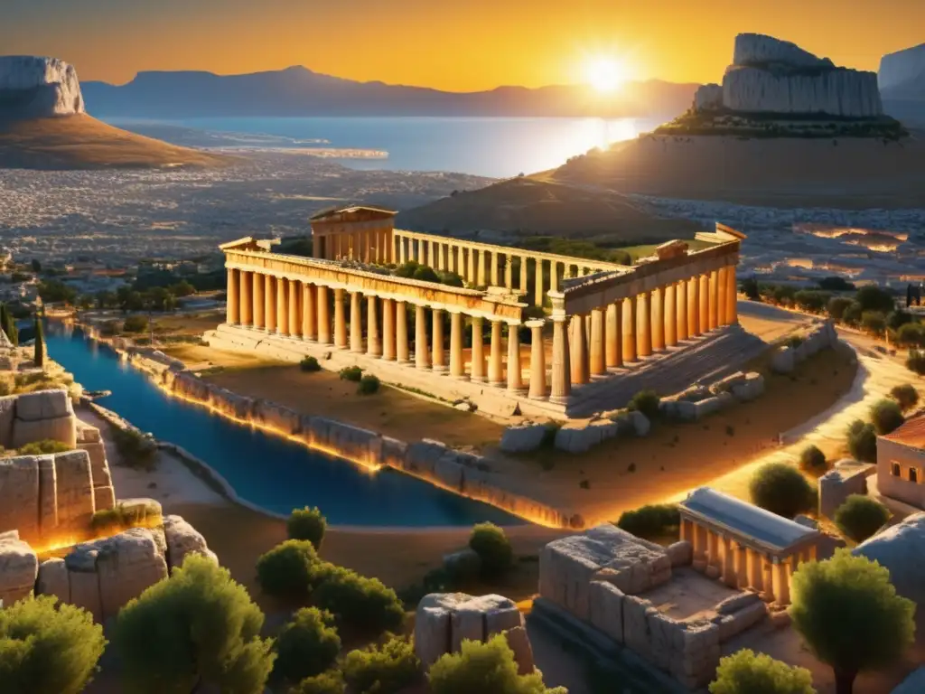 Centro histórico de la antigua ciudad de Corinto, con el Templo de Apolo y escenas de alianzas y tratados en la antigua Grecia