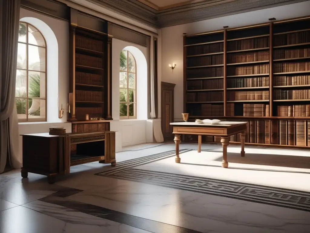 Interior griego antiguo: hogar educativo con libros filosóficos y escritorio de madera