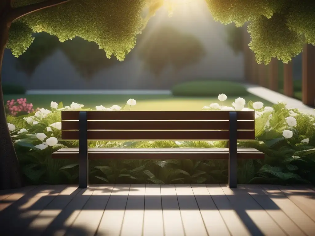 Un jardín sereno con vegetación exuberante, flores y un banco de madera bajo un árbol